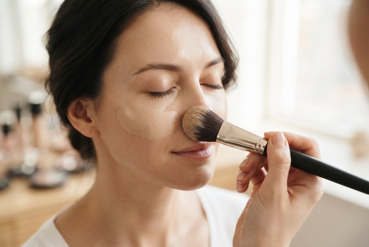A hand applying light foundation with a brush to a woman's cheek, with visible natural skin texture.