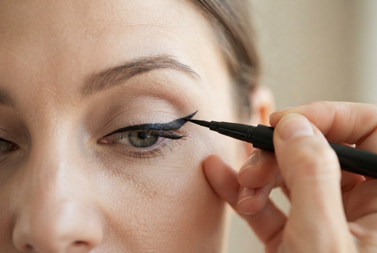 A hand applying black liquid eyeliner to a woman's eye, drawing the wing upward at the outer corner.