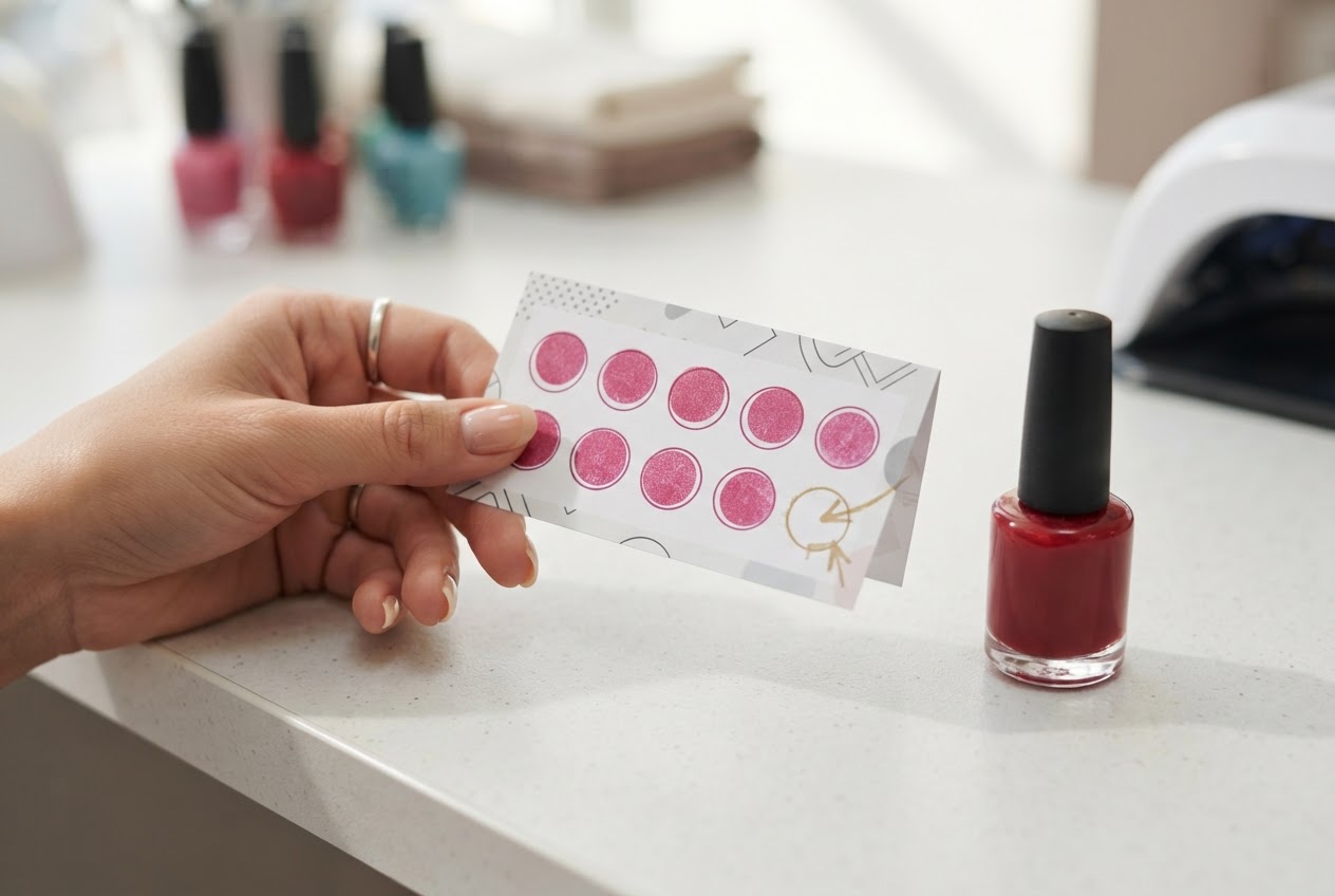 A hand holding a small paper stamp card with several colored stamps, next to a nail polish bottle.