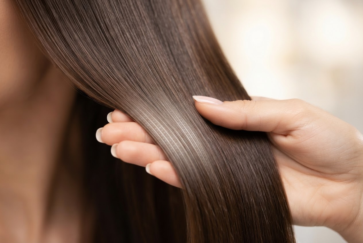 A hand gently stroking a smooth, shiny hair strand, with a subtle visual cue of the cuticle layer being flattened.