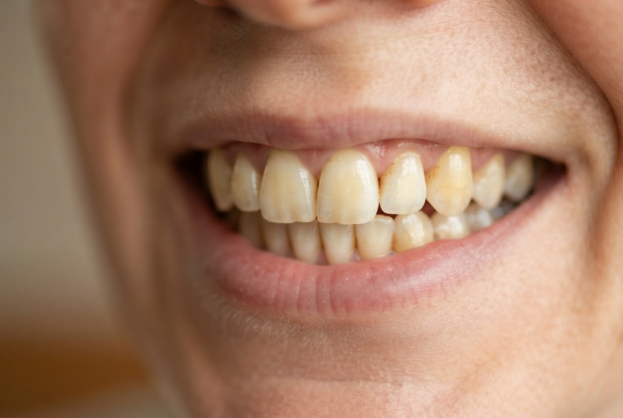 Close-up of a smile with yellowish, stained teeth.