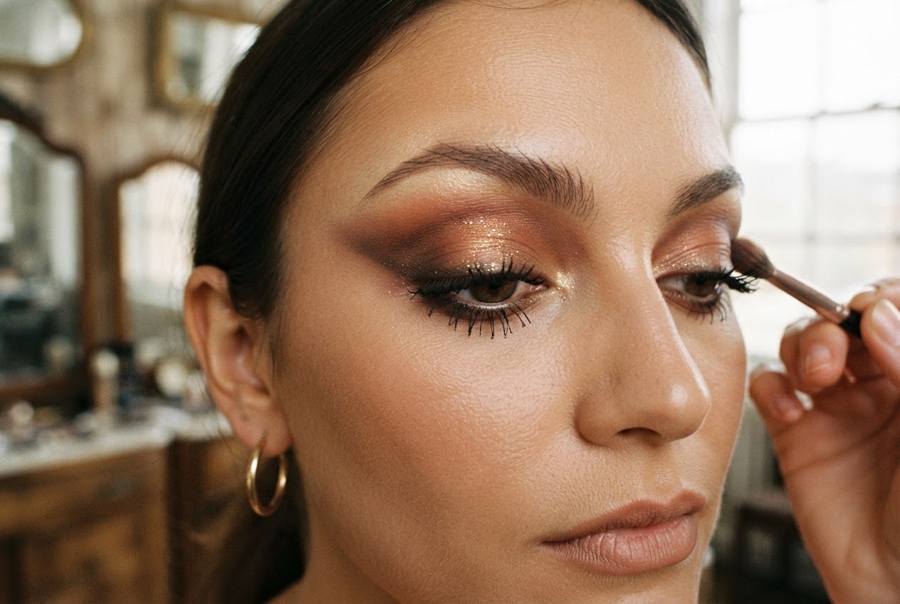 A makeup artist's hand blending eyeshadow on a model's eyelid with a brush, demonstrating the soft smokey eye technique.