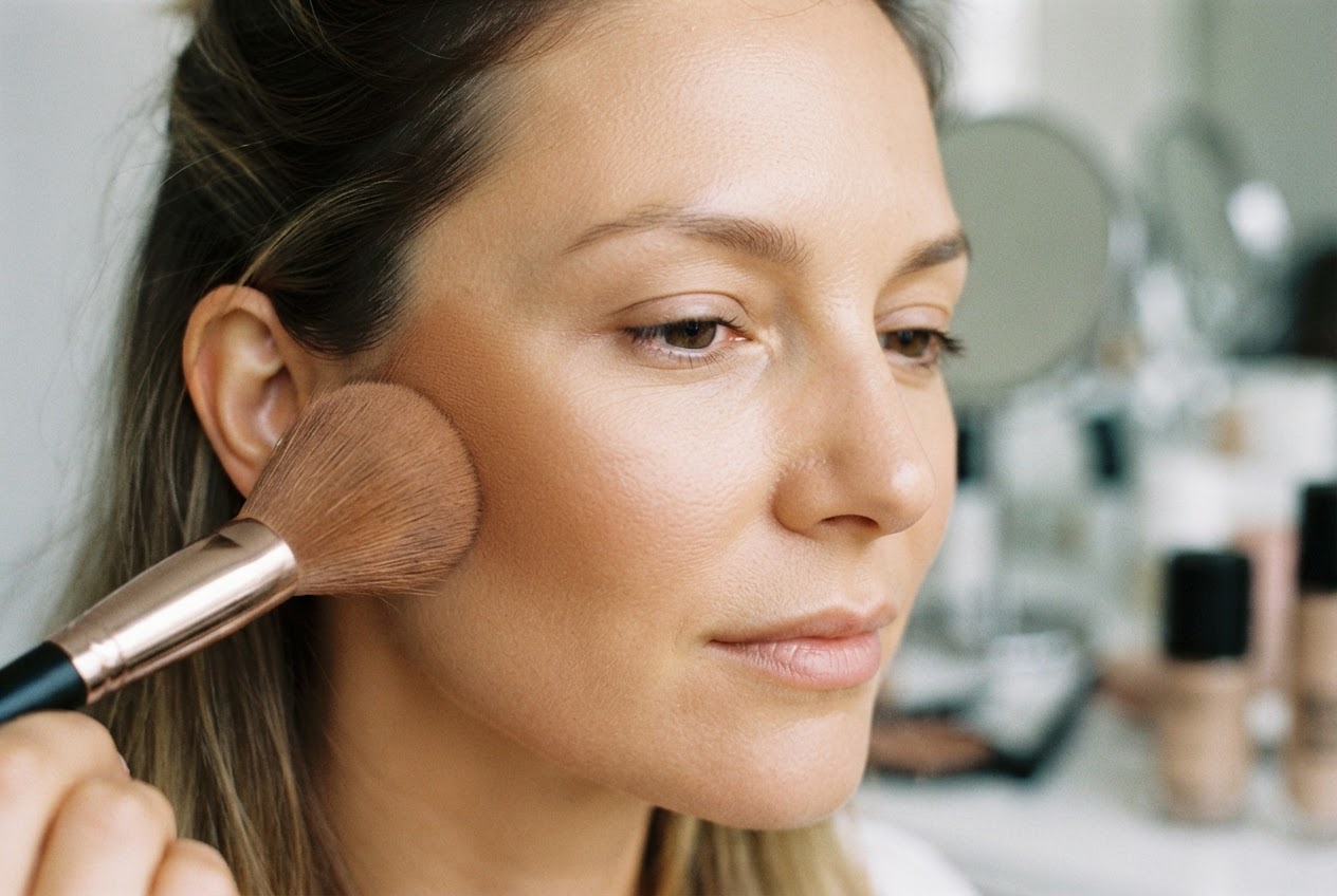 A person using a fluffy brush to sweep bronzer from the outer cheekbone toward the center of the face.