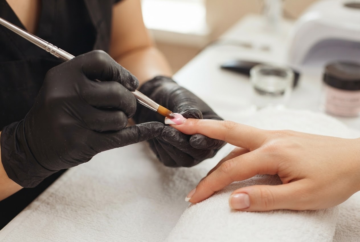 A nail artist uses a brush to shape an acrylic nail on a finger; no UV lamp is present.