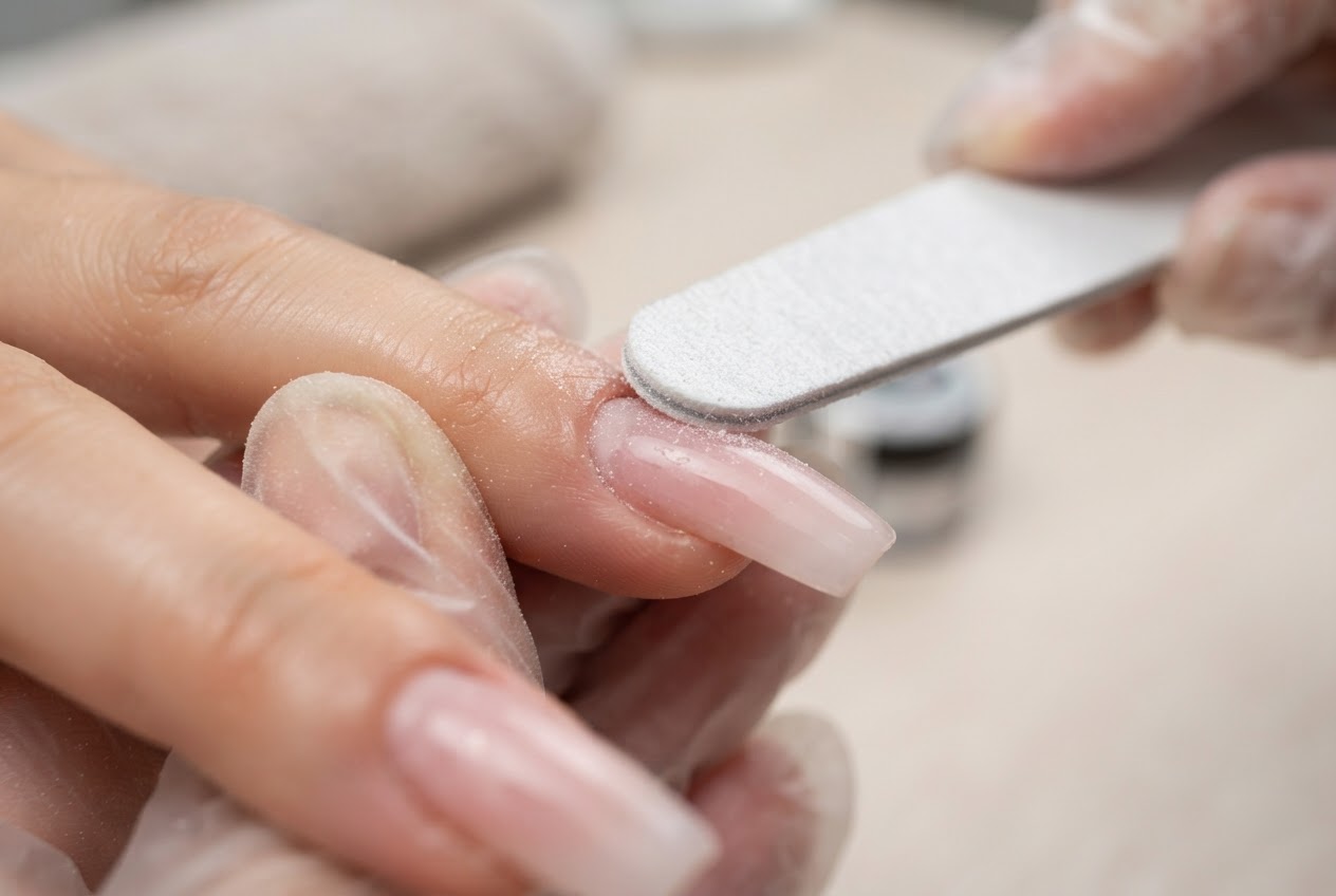 A nail file gently files the regrown area near the cuticle of an acrylic nail.