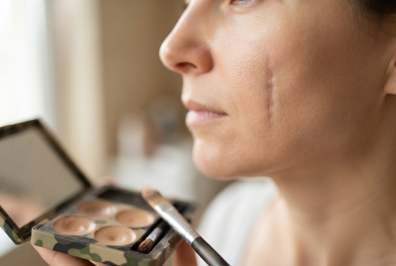 Close-up of a face with a faint scar on the cheek, a camouflage makeup palette and brush visible in the foreground.