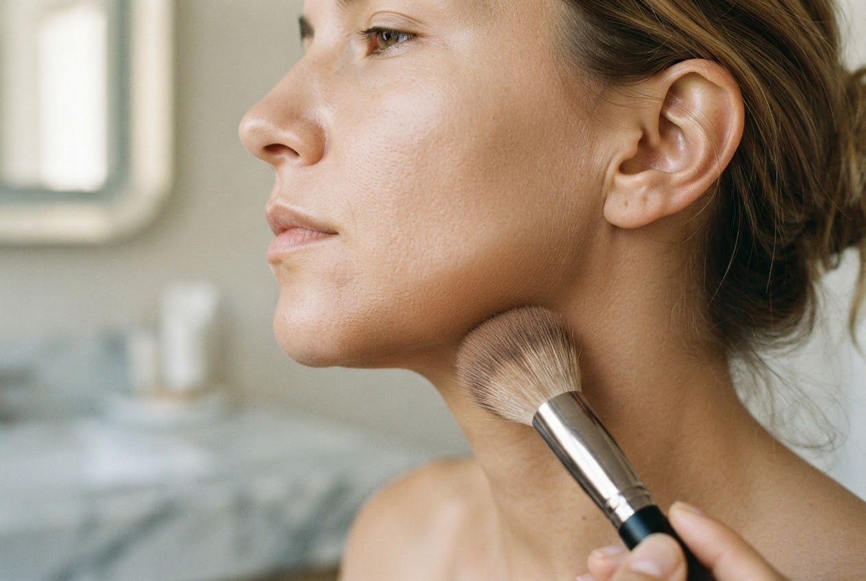 A person applying a bronzer swatch along their jawline with a brush, showing the blending area.