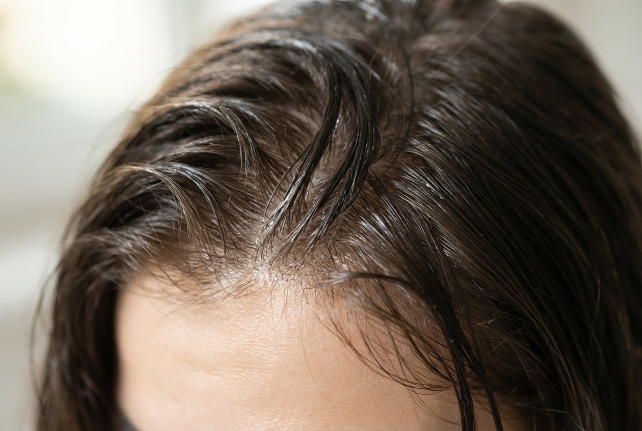 A close-up of a scalp with hair roots looking oily and stuck together, with a strand clinging to the skin.