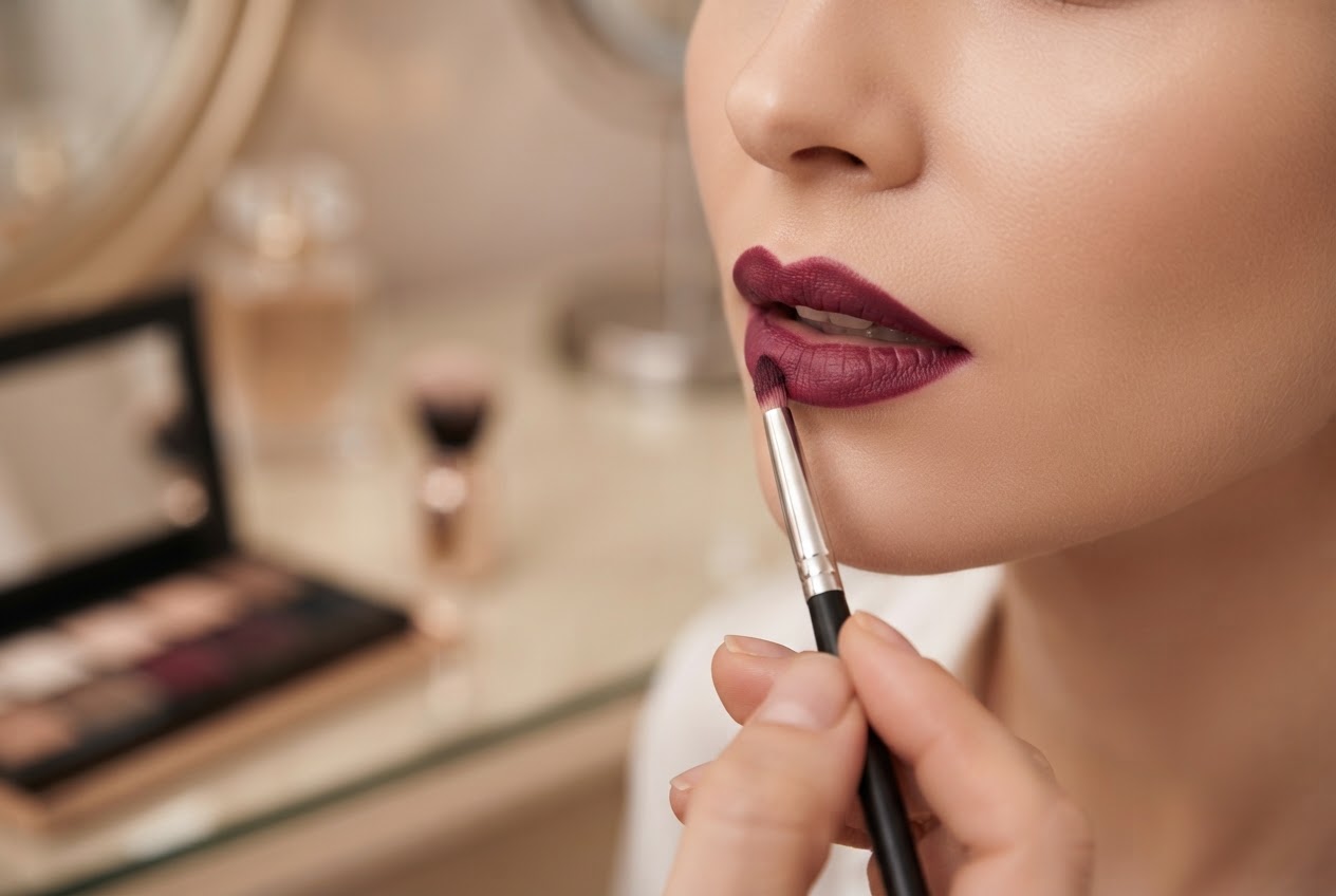 A close-up of a woman's lips being applied with a dark berry lipstick using a fine brush, with a soft focus on the lips.
