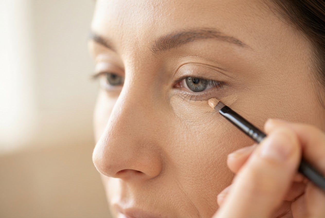 A person applying concealer under the eye with a small brush.