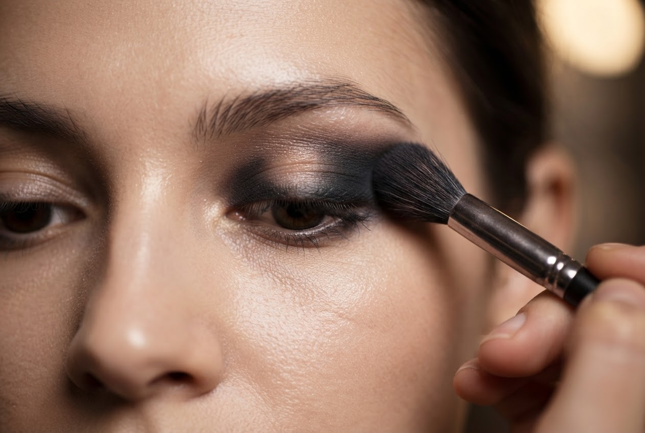 Close-up of an eye with a dark smokey eyeshadow being blended in the outer corner with a brush.