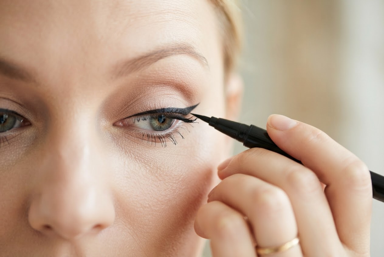 A person applying liquid eyeliner to create a cat-eye flick.