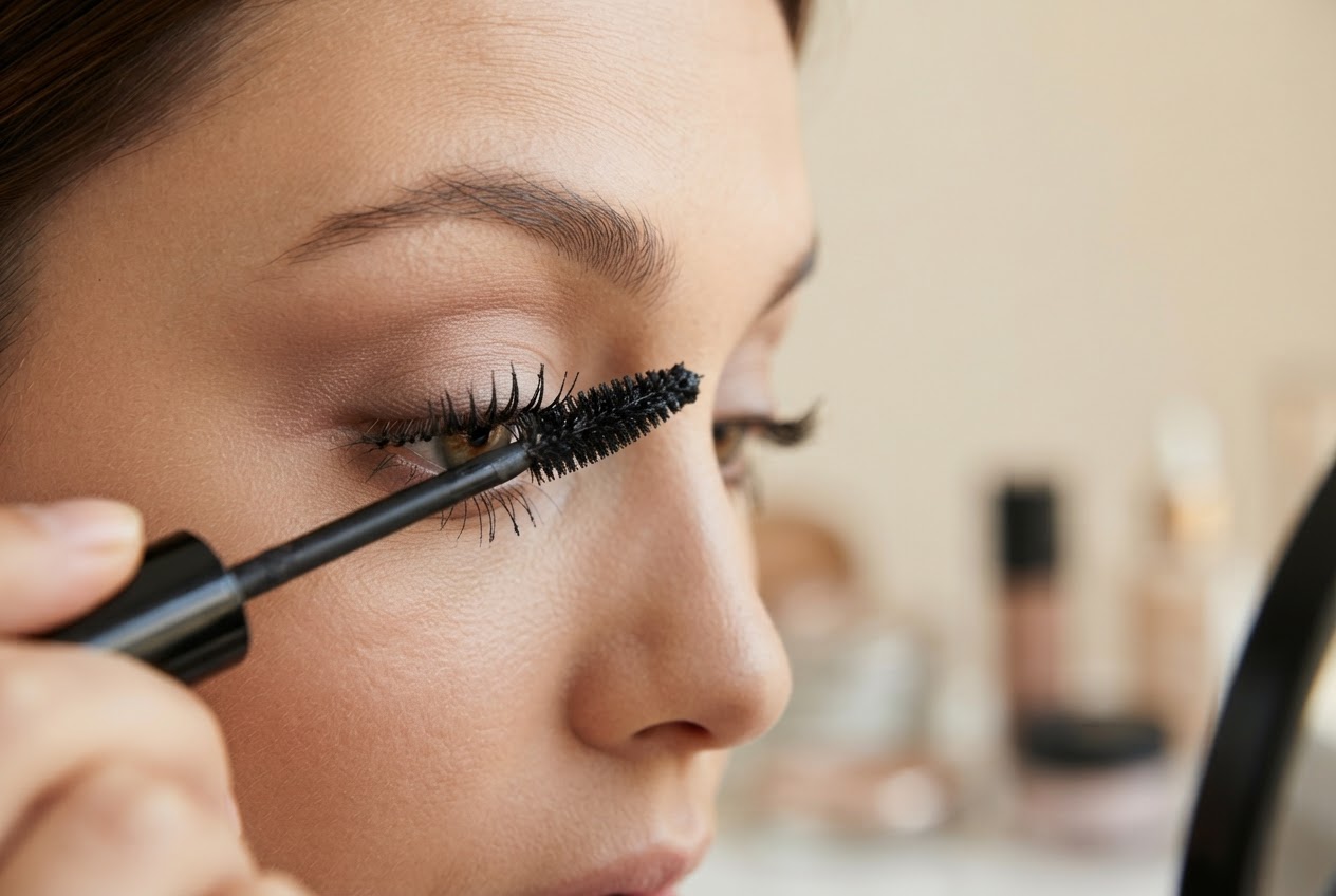 A person applying mascara to their eyelashes with a wand.