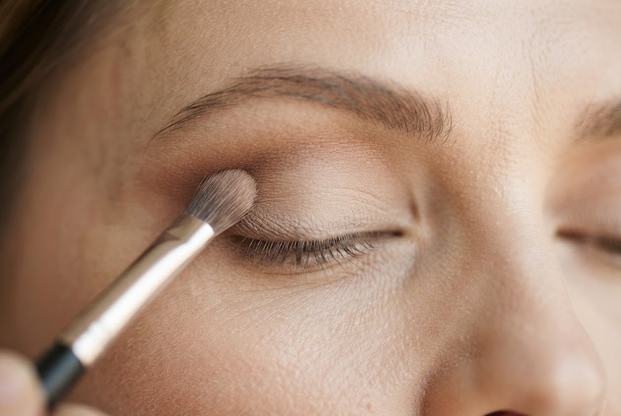 A woman applying eyeshadow with a brush to her eyelid, with a lighter shade on the lid and a darker shade in the crease.