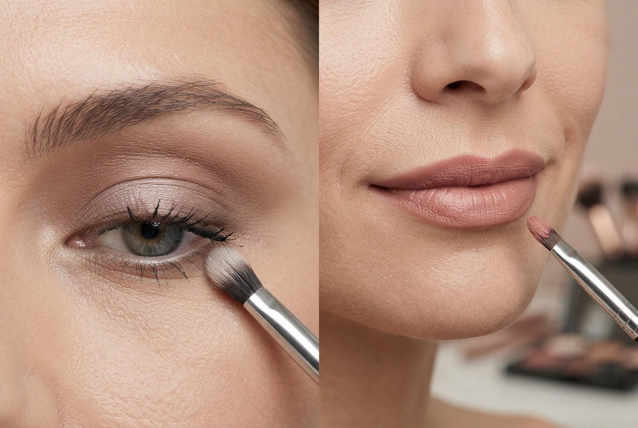 A close-up of a woman's eye with neutral brown and taupe eyeshadow applied, and a separate view of her lips with a rose-nude lipstick.