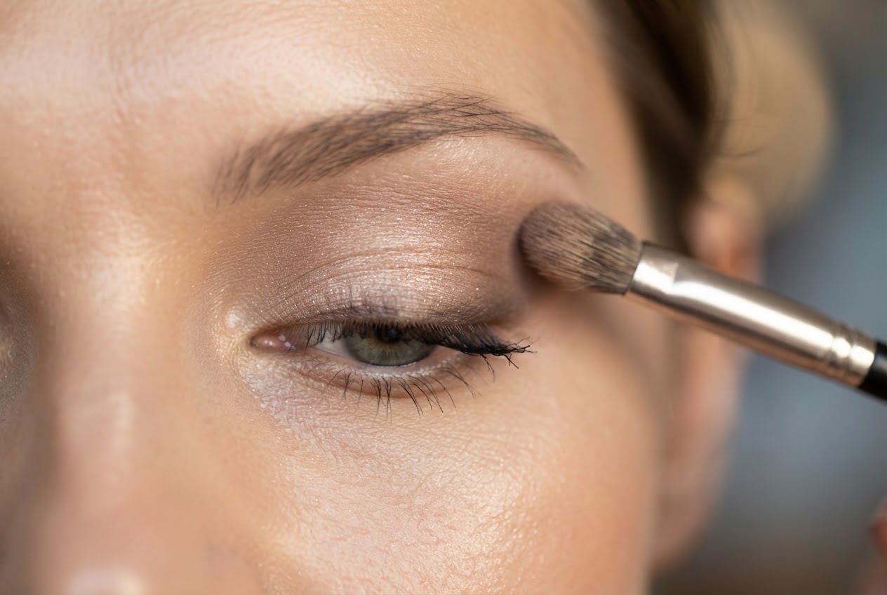 A close-up of a woman's eye with a soft shimmer on the lid and a defined crease, in warm evening light.