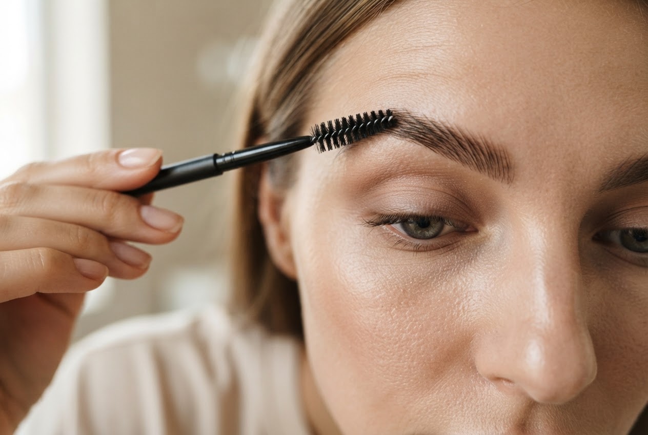 A person brushing their eyebrows with a spoolie brush.