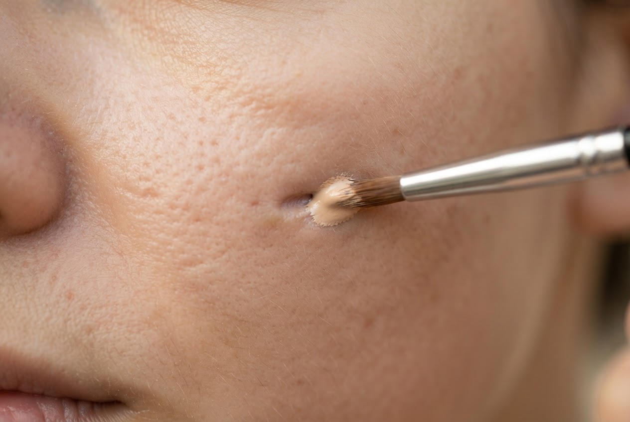 A fine brush applies filler concealer into an indented acne scar on a cheek.