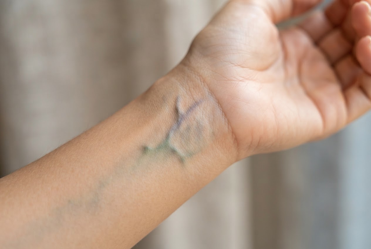 Close-up of an inner wrist showing veins with visible blue and green tones.