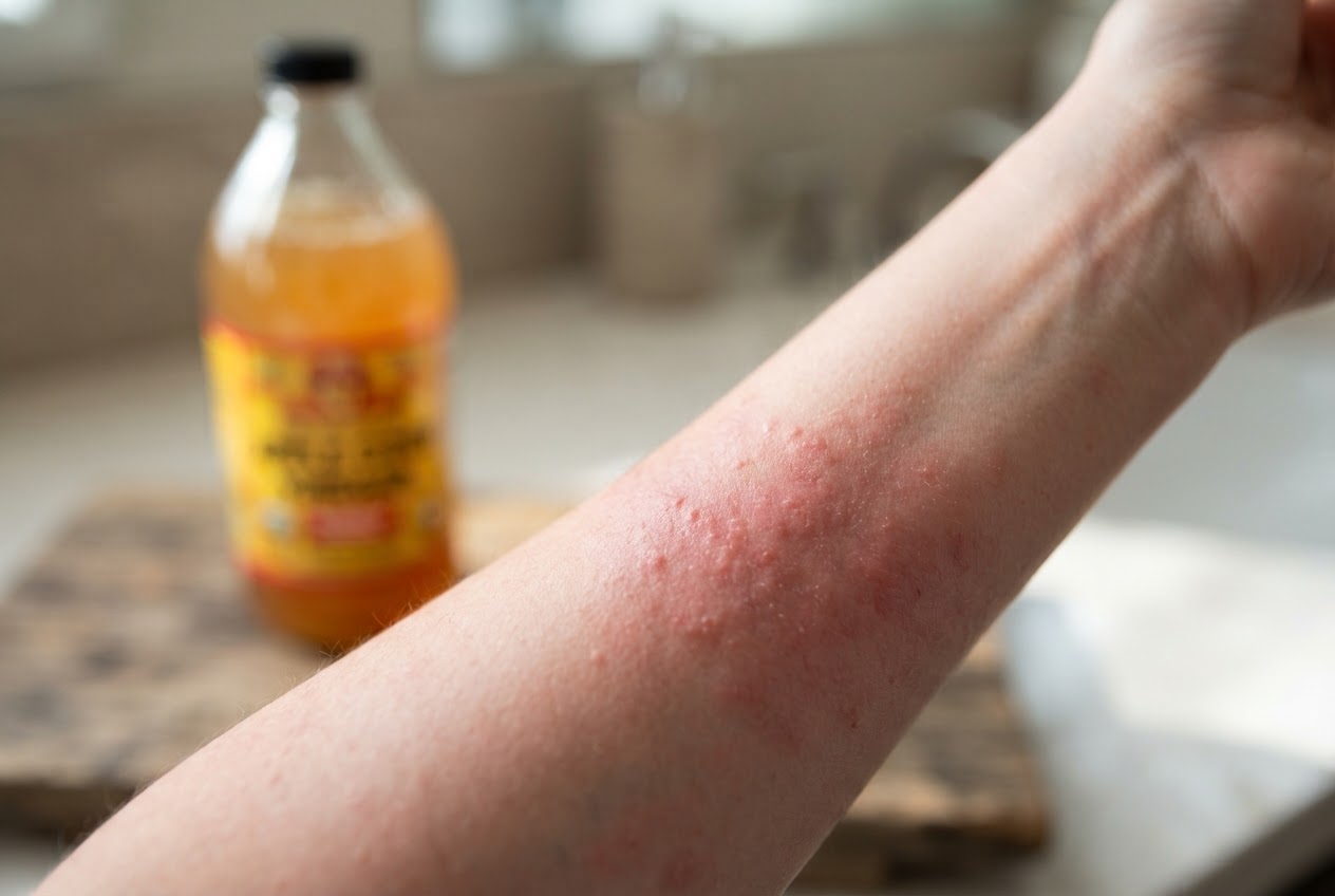 A close-up of a person's arm with red, irritated skin, and a bottle of apple cider vinegar in the background out of focus.