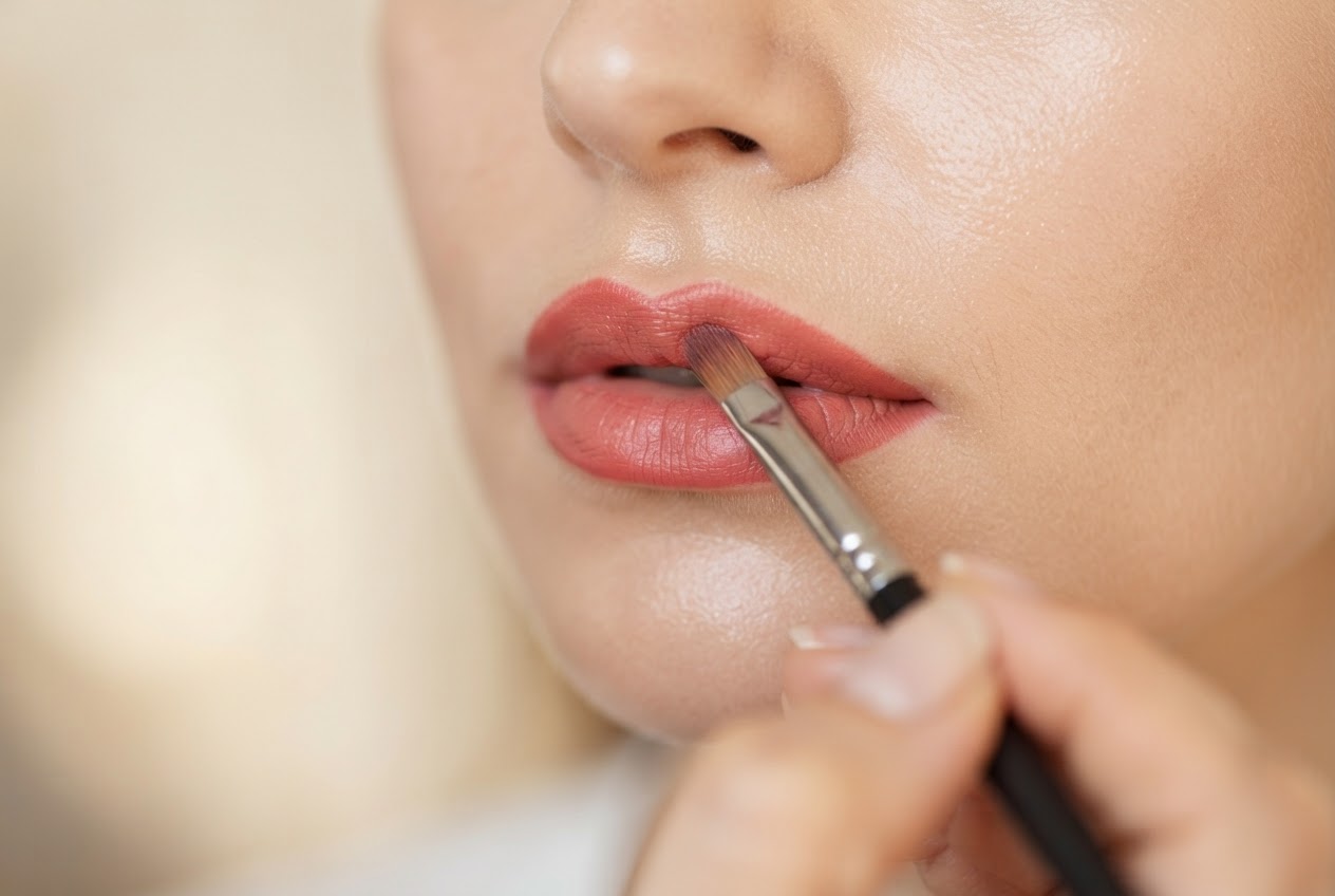 A person applying lipstick with a lip brush, outlining the lips first.