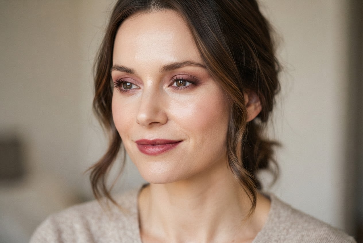 A woman with a natural, refined makeup look featuring soft rose and warm brown tones on eyes and lips, with a dewy skin finish.
