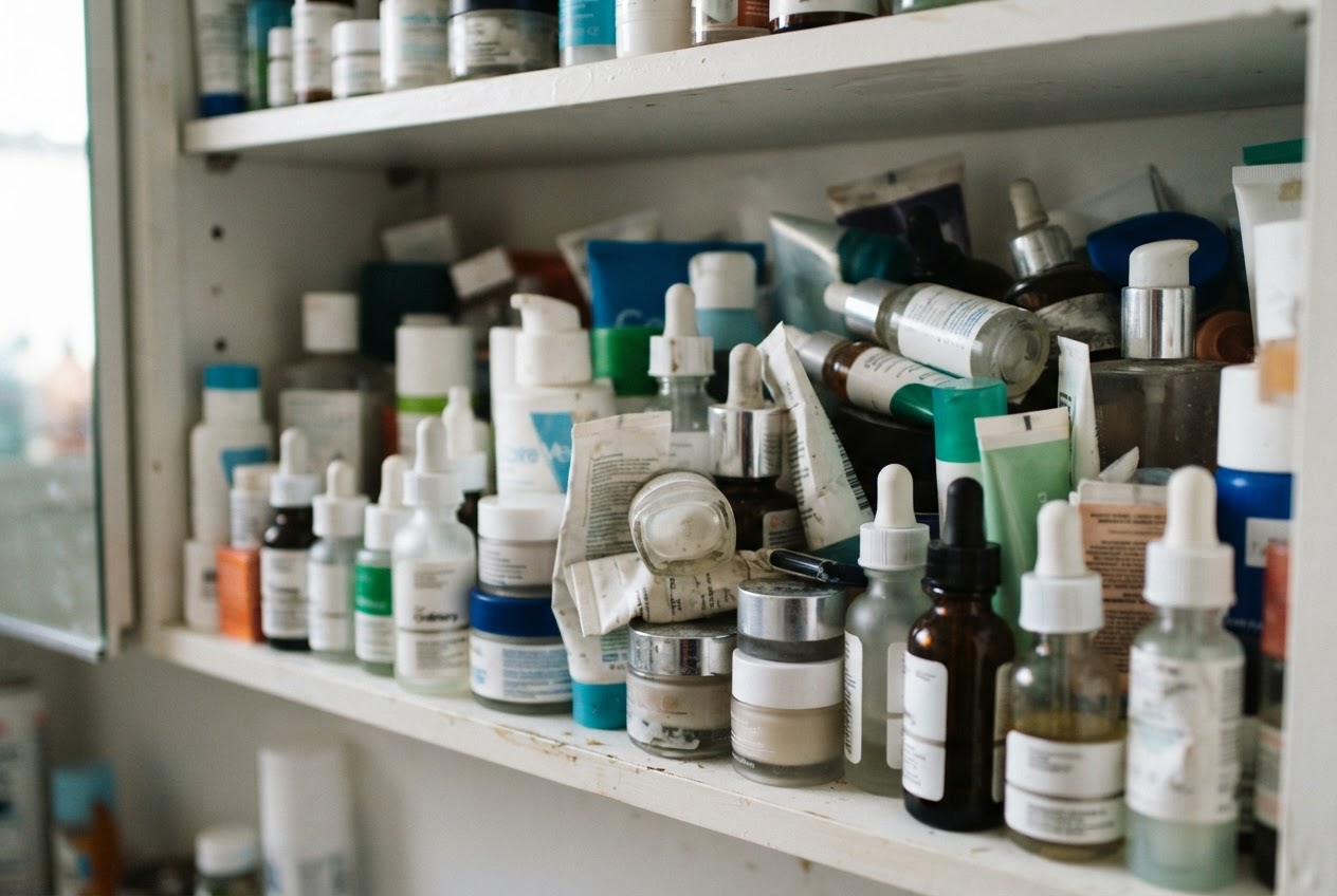 A cluttered bathroom cabinet shelf with many cosmetic bottles, jars, and tubes, some half-empty, creating a sense of chaos.