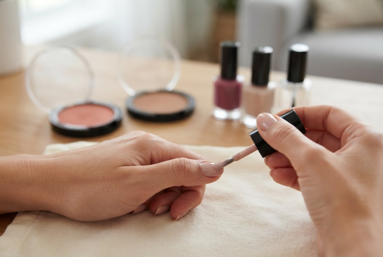 A display of blush, bronzer, and several nail polishes on a vanity, with one nail being painted.
