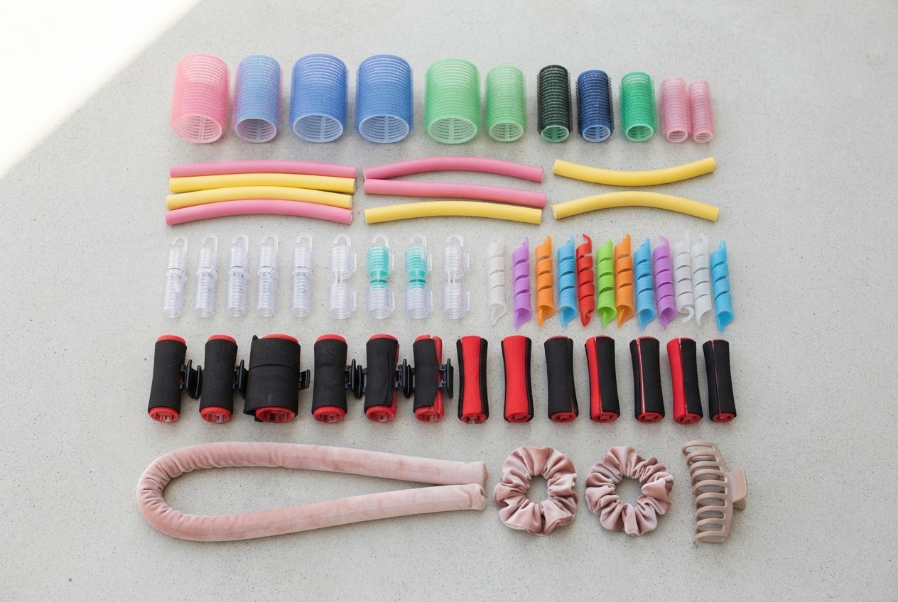A flat lay of different hair curlers: velcro, foam, spiral, and heat curlers, plus a heatless curl band.