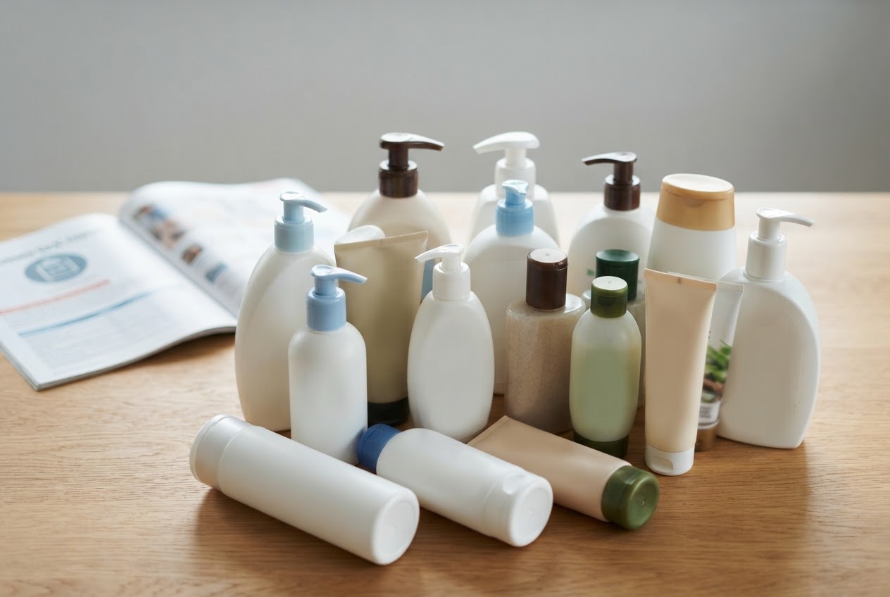 A realistic photo of a stack of cosmetic bottles and tubes, with a magazine or test report in the background, symbolizing independent testing.