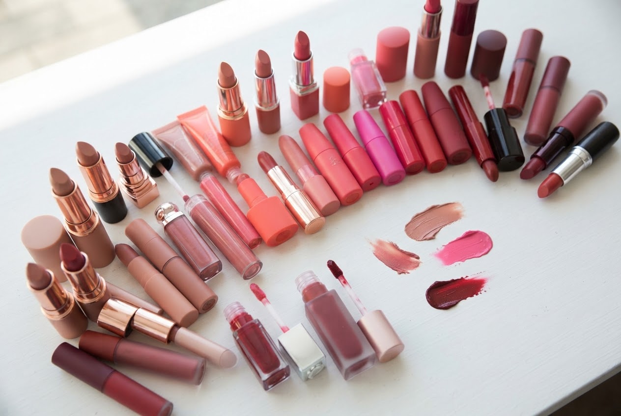 An array of lipsticks, glosses, tints, and liquid lipsticks in colors from nude to bold red and bright pink.