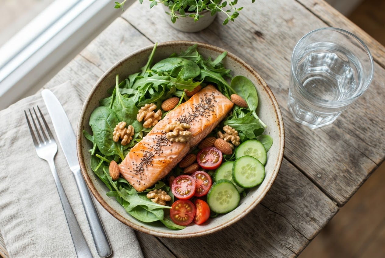 A healthy meal bowl with spinach, nuts, seeds, and a piece of salmon, on a wooden table.