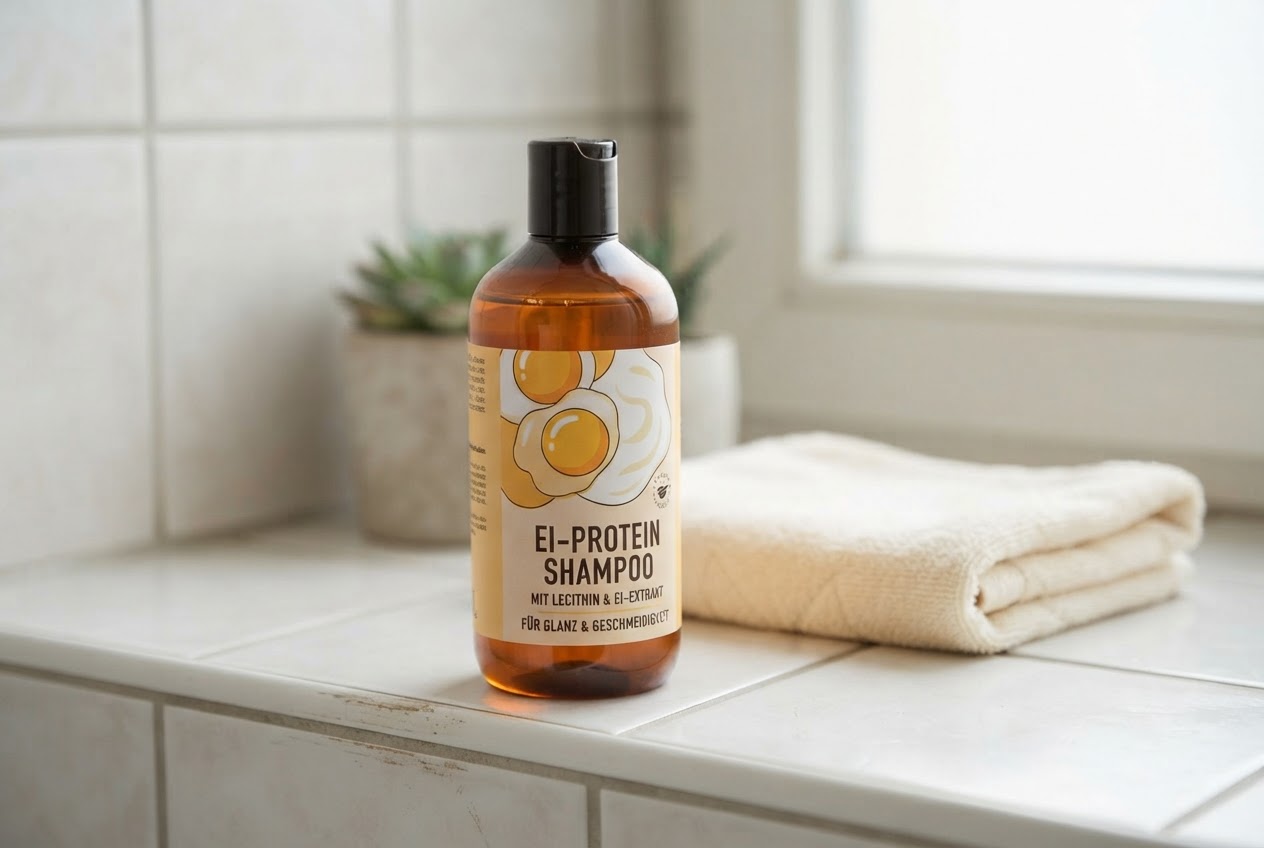 A bottle of shampoo with an egg protein label on a bathroom shelf, next to a towel.