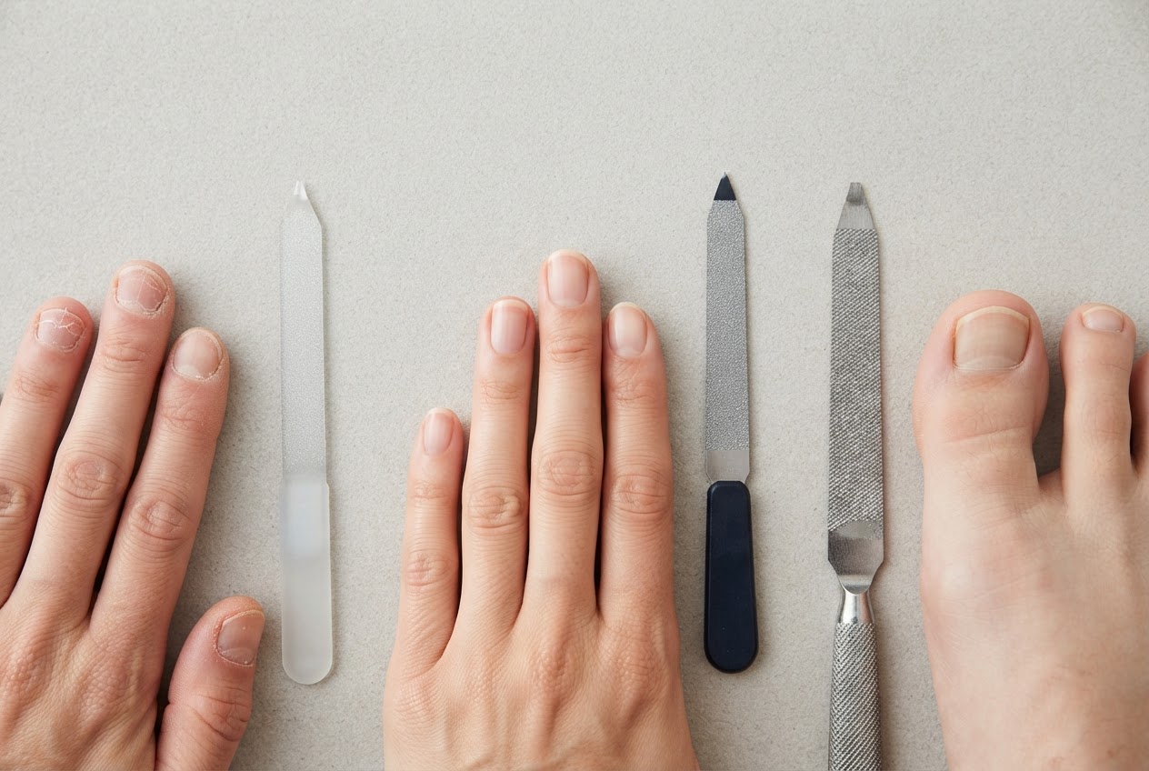 Drei Nagelfeilen (Glas, Saphir, Metall) liegen jeweils neben einem passenden Nageltyp: einem brüchigen Fingernagel, einem normalen Fingernagel und einem dicken Fußnagel.
