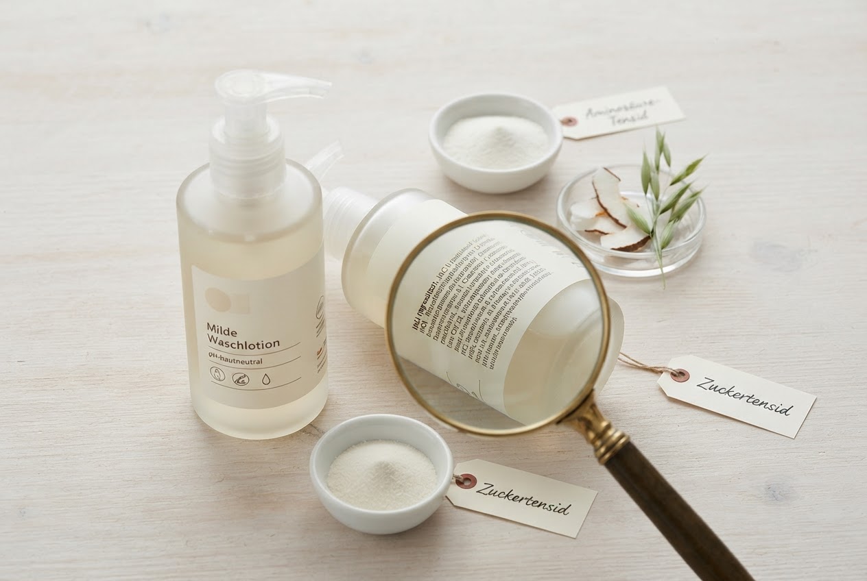 A realistic photo of a cosmetic bottle with an ingredient list, next to small bowls of white powder and plant-based extracts, representing mild surfactants.