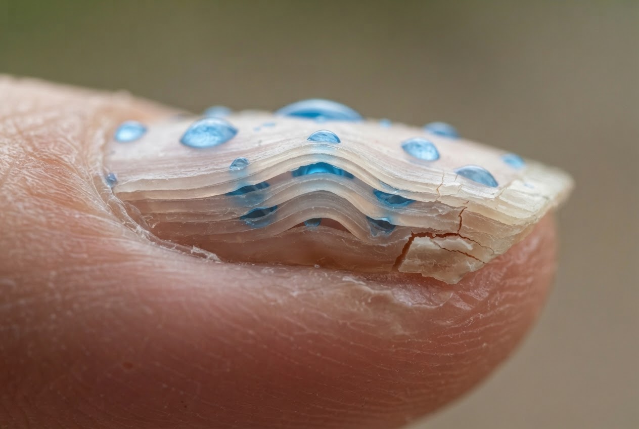 Illustration of a nail cross-section showing water droplets penetrating between keratin layers, causing swelling and cracking.