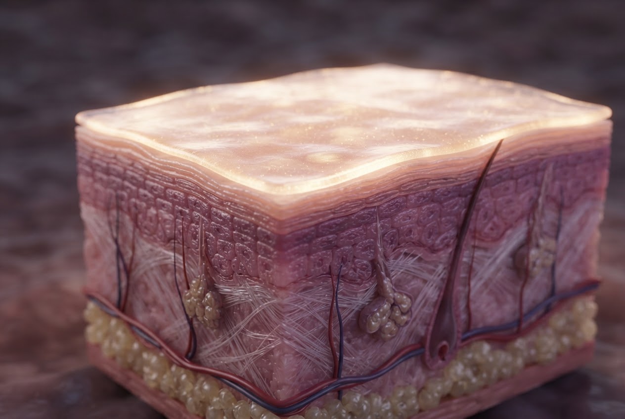 A realistic photo of a cross-section of skin layers with a glowing protective layer on the surface, labeled conceptually without text.