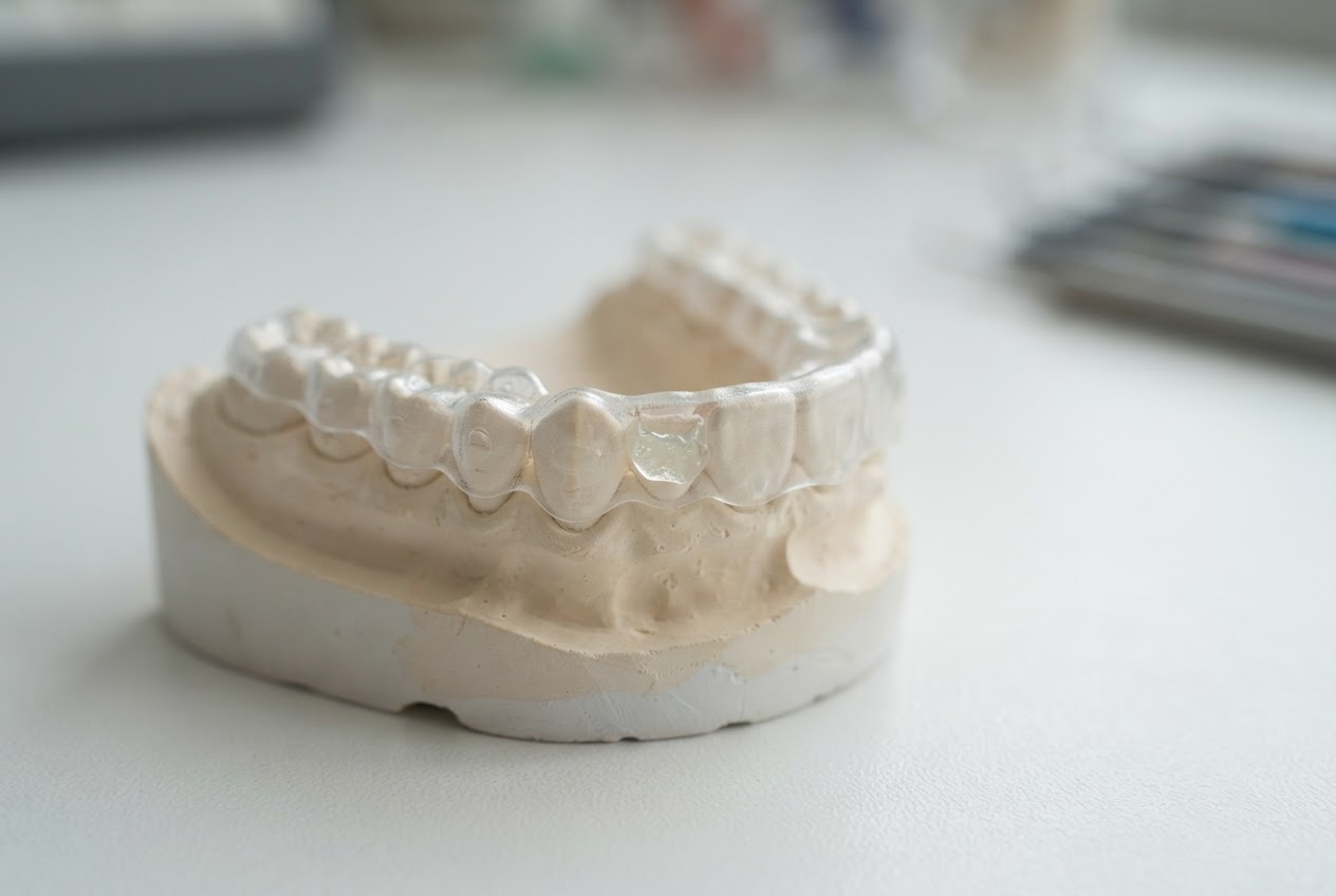 Custom-made plastic whitening tray filled with gel on a dental model.