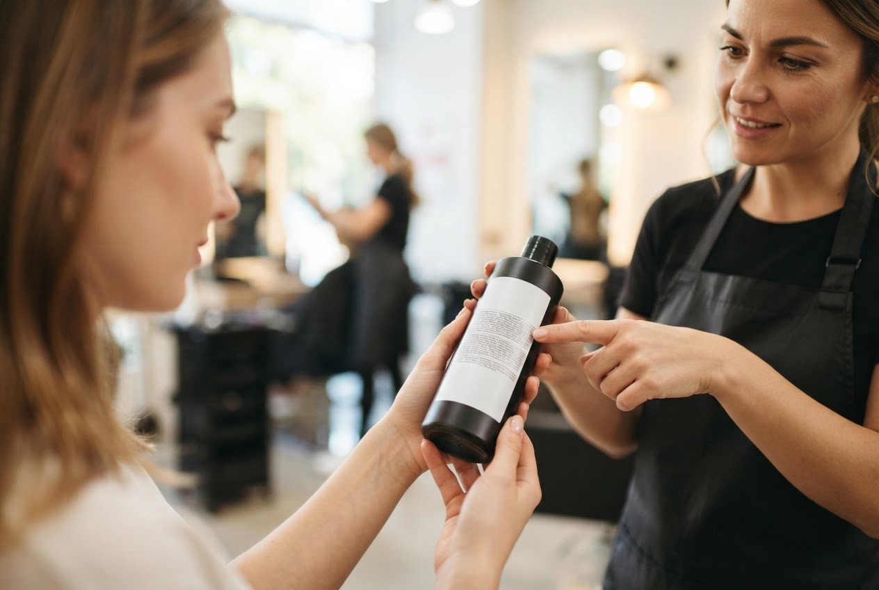A customer and a hairstylist examine the back label of a shampoo bottle in a salon.