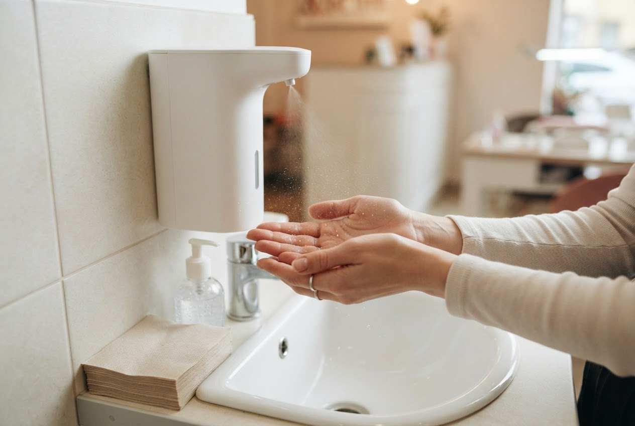 A customer's hands being sprayed with disinfectant from a pump bottle at a nail studio reception.