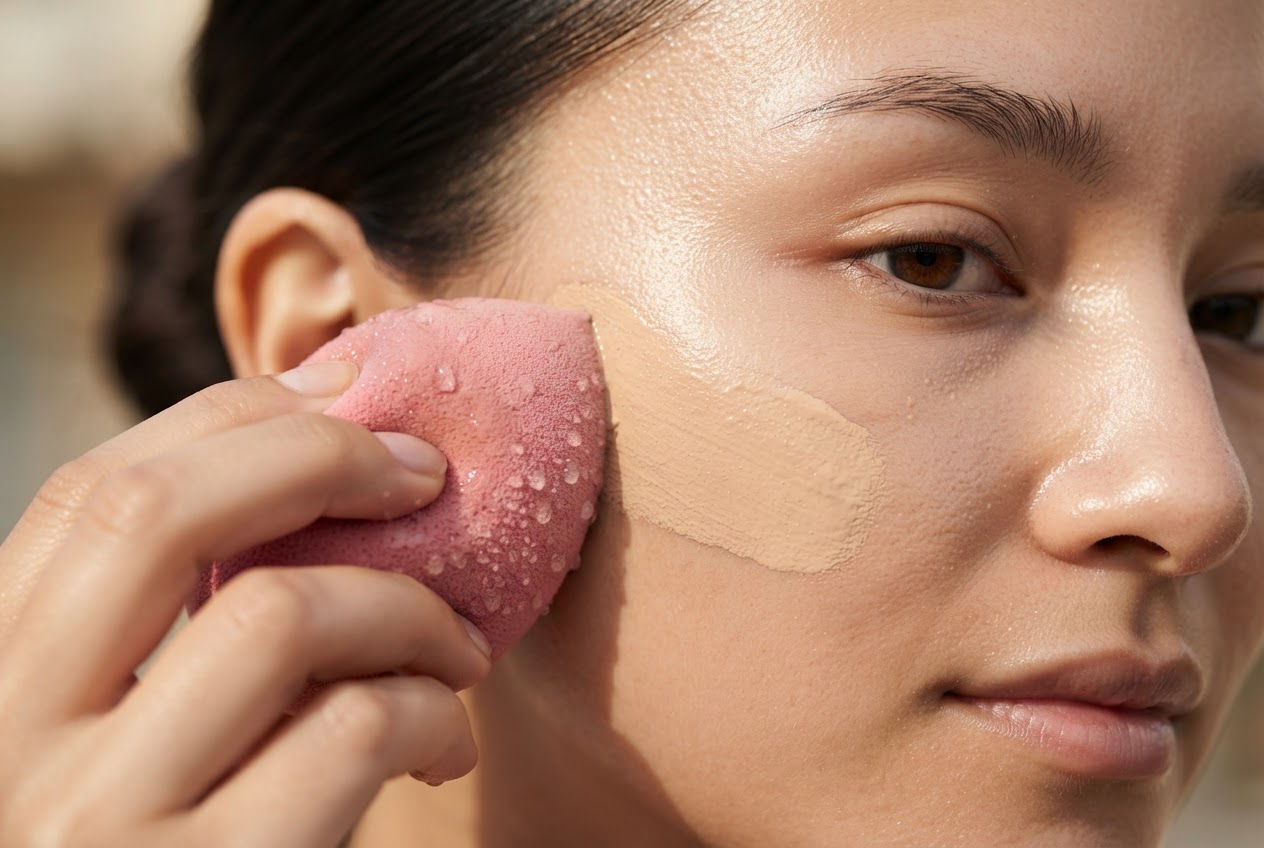 A damp makeup sponge dabbing foundation onto a person's cheek.