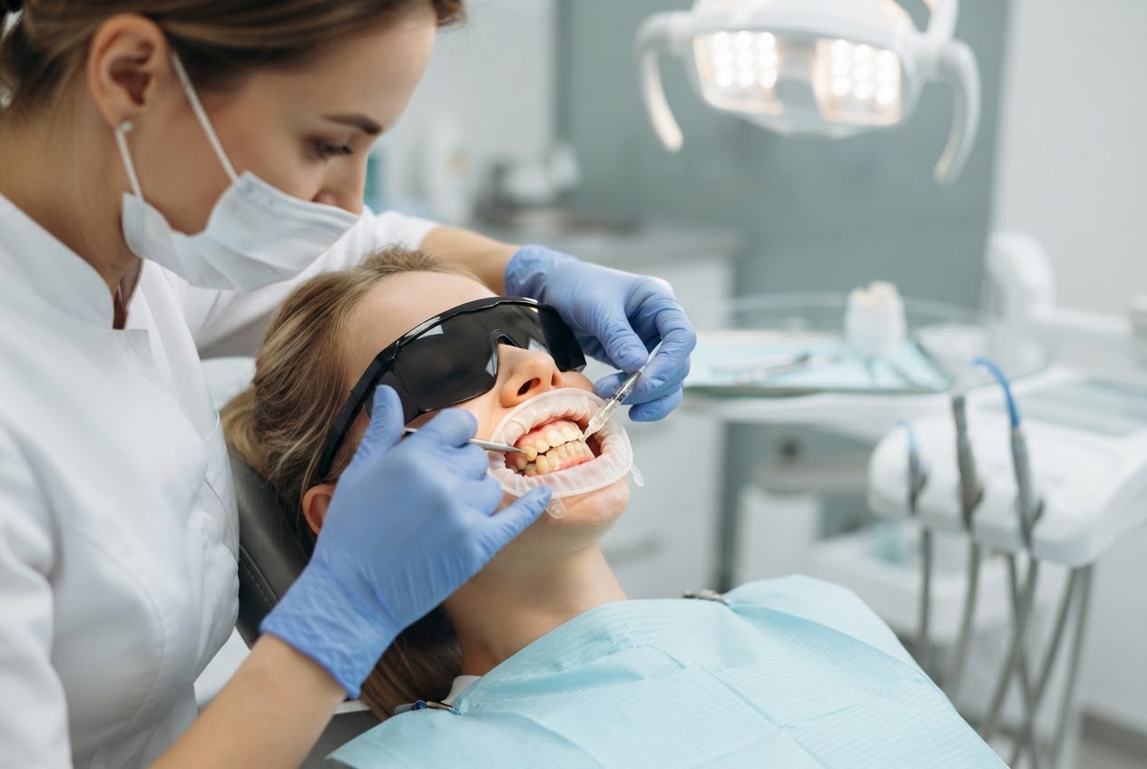 Dentist applying whitening gel to a patient's teeth while protecting the gums.