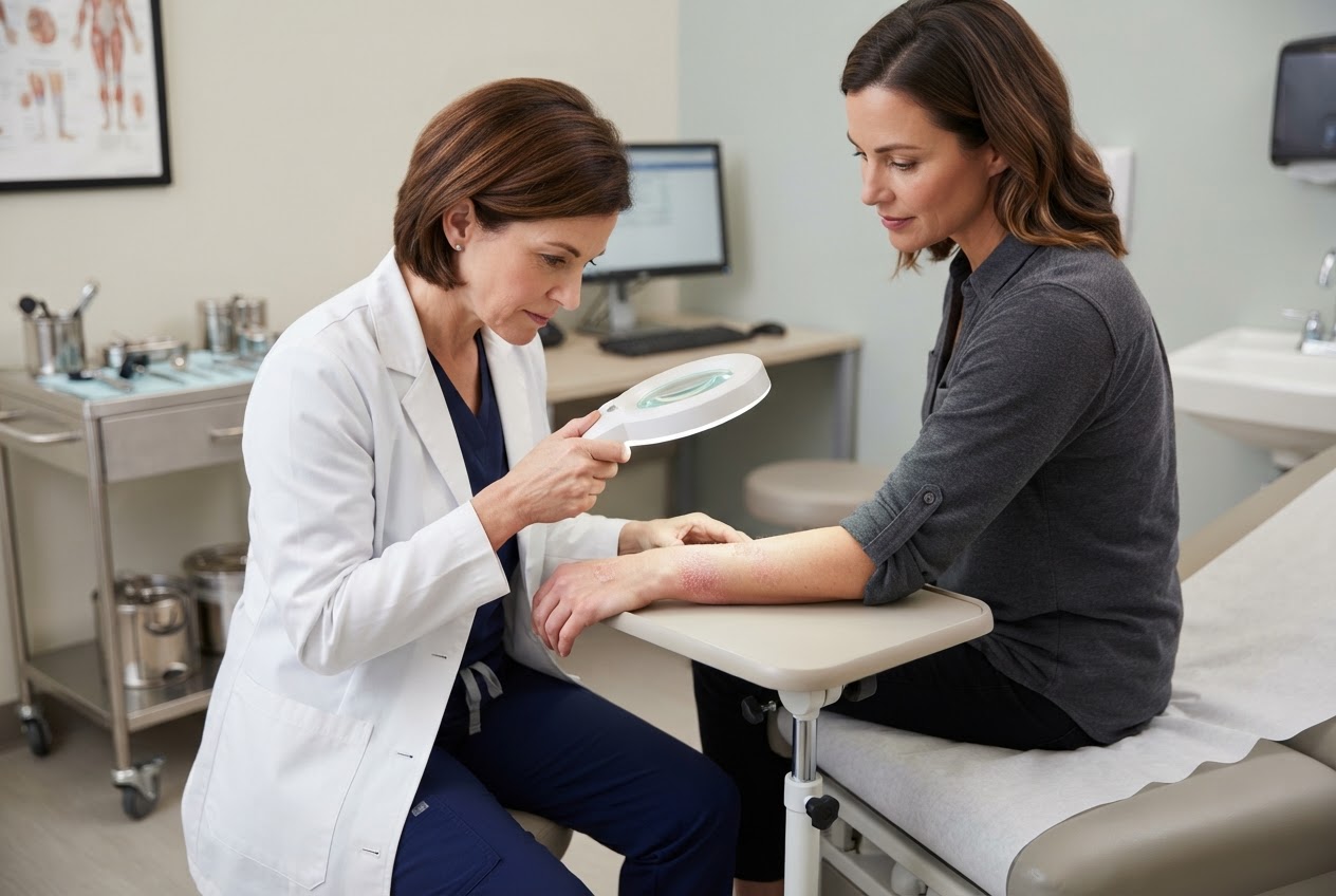 Dermatologist examining a patient's arm in a medical office.