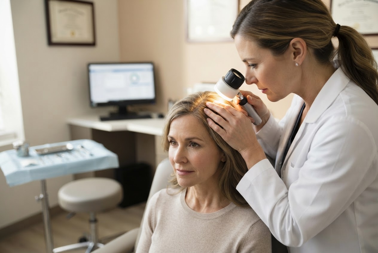 A dermatologist examining a patient's scalp with a medical tool.