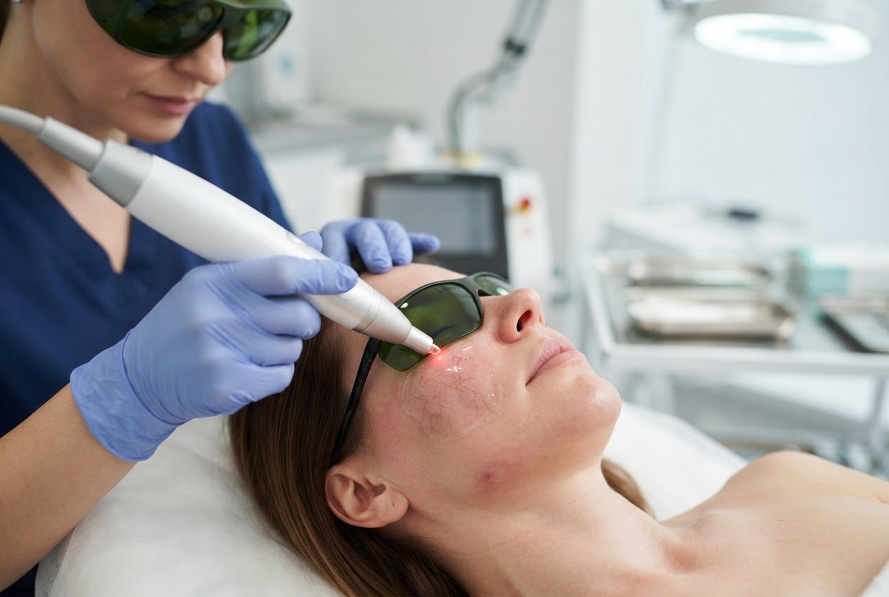 A laser handpiece being applied to a patient's cheek to treat fine facial veins.