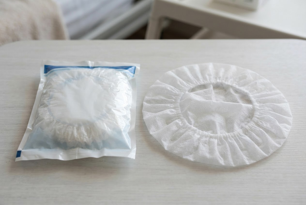 A single-use shampoo cap made of thin nonwoven material, individually wrapped, lying on a table.