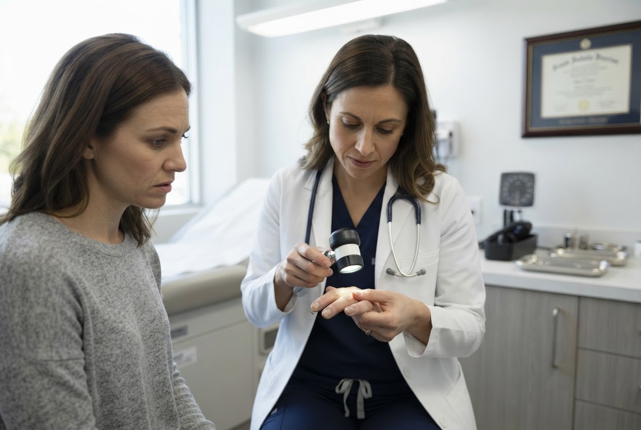 A doctor examining a patient's fingernails in a medical office.