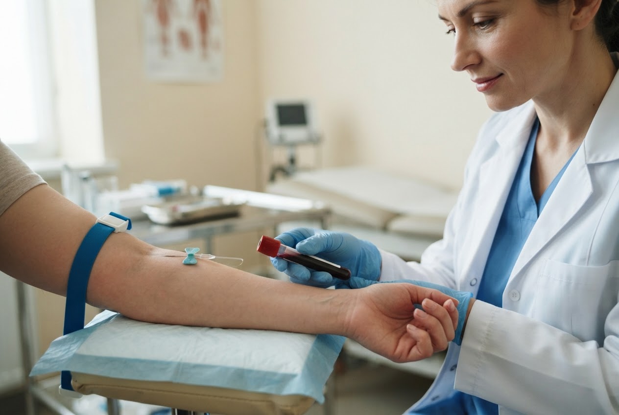 A doctor drawing a blood sample from a patient's arm in a medical setting.