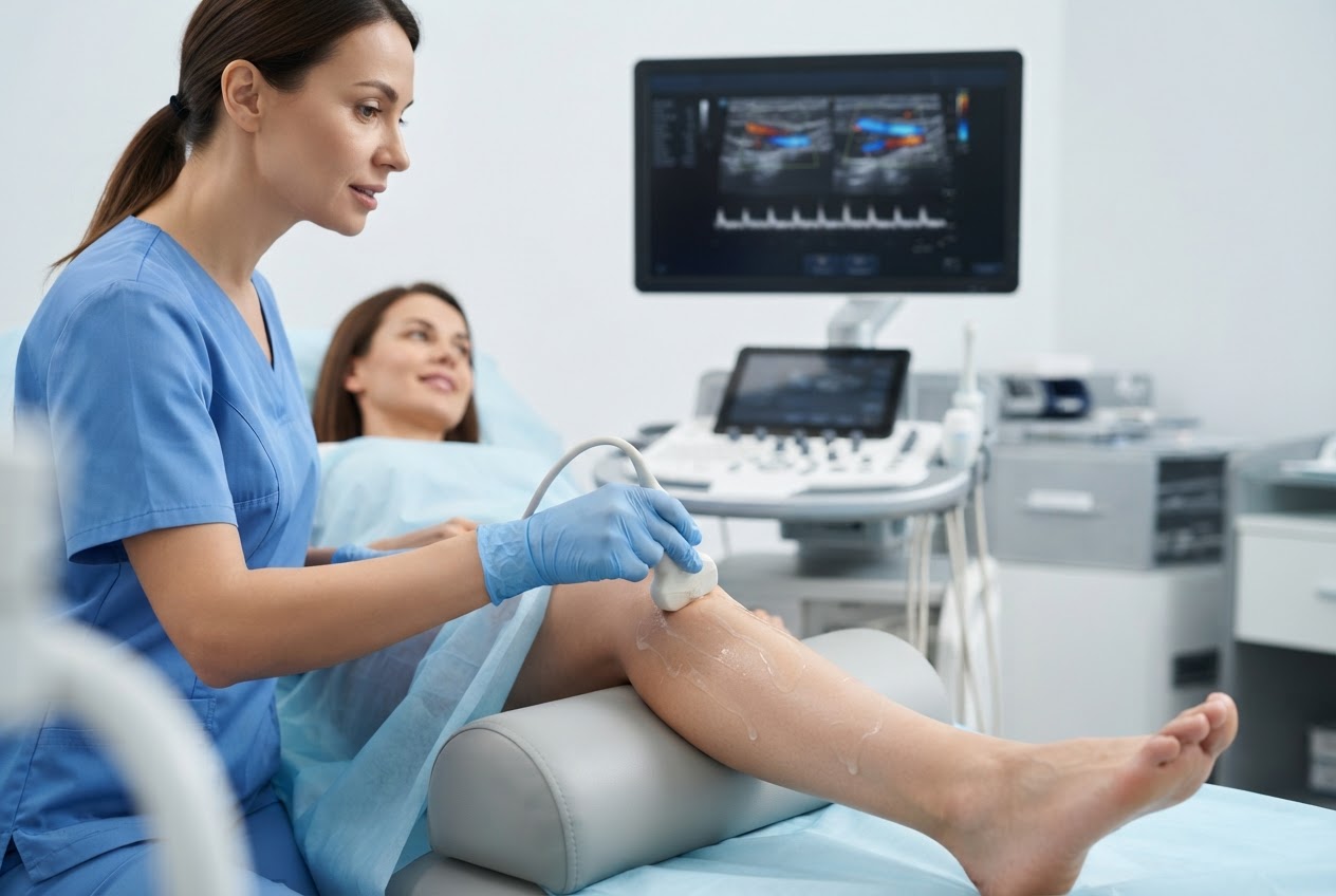 A doctor performing an ultrasound on a patient's leg with a probe and gel.