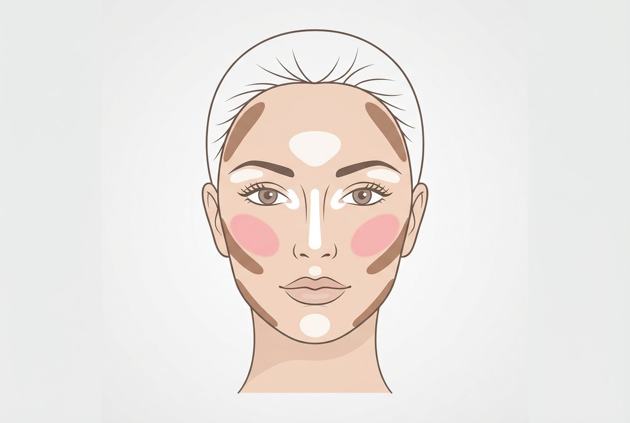 A face diagram with shaded areas for contour, blush on the apples of cheeks, and highlight on the high points.